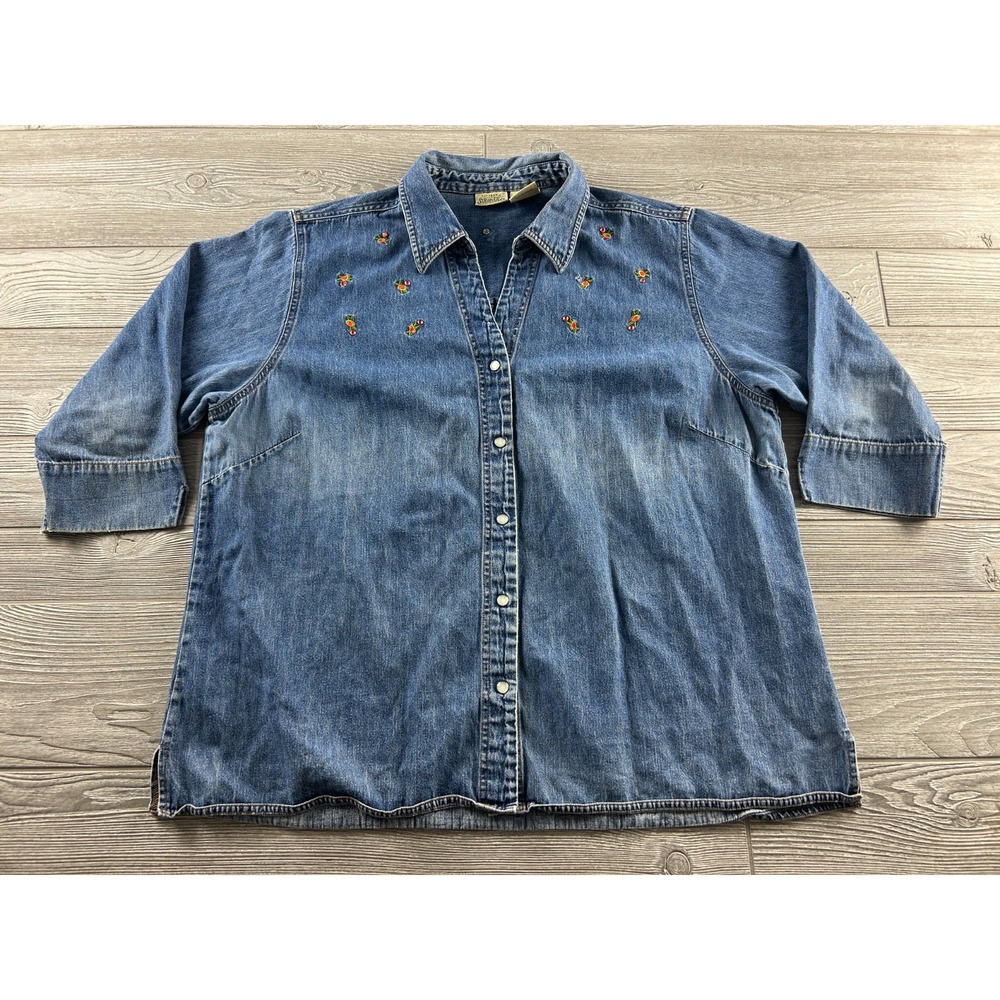St Johns Bay Denim Shirt Womens 22W 3/4 Sleeve VTG Embroidered Blue Button Up
